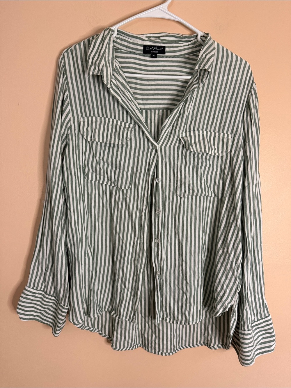 Velvet Heart Green and White Striped Button-Down Shirt